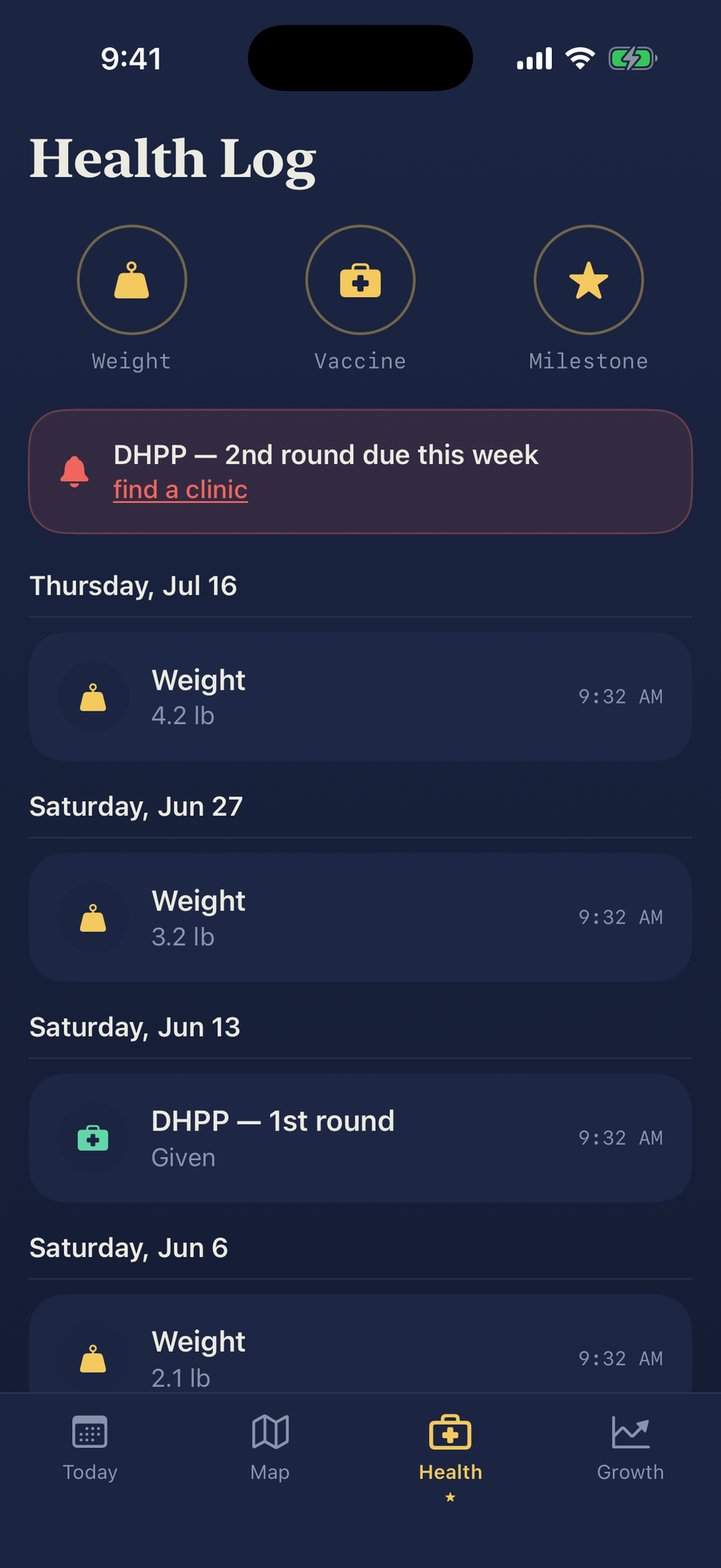 Health log screen