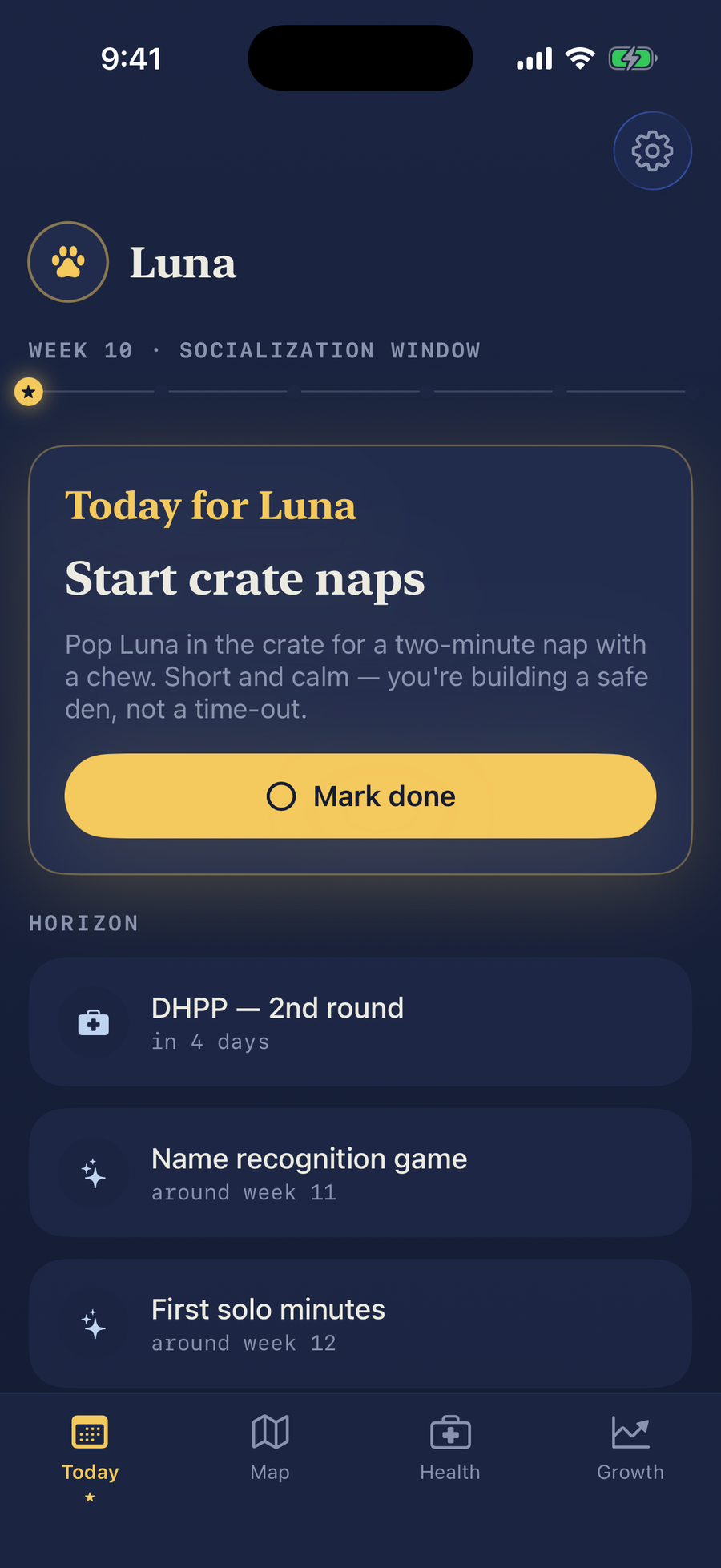Northpup Today screen — the one thing to do for your puppy today